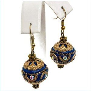 Bali Blue Enameled & Swarovski Crystal Orb Pierced Gold Tone Pierced Earrings